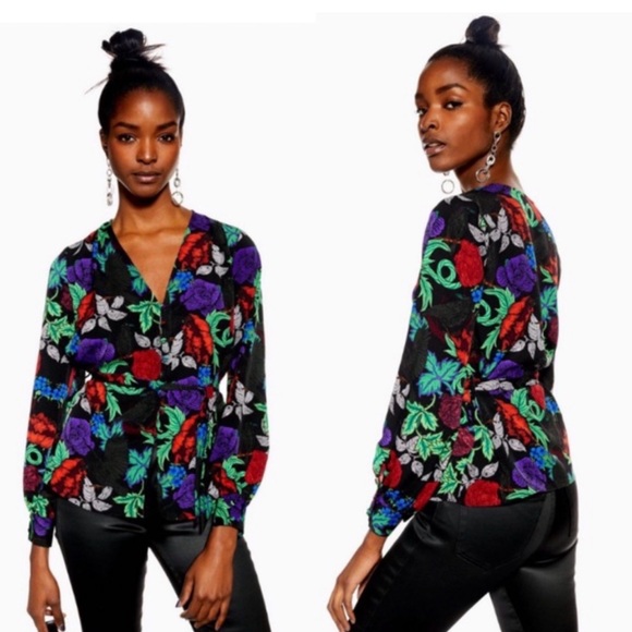 Topshop Tops - TOPSHOP Floral Button Front Blouse – Tie Waist – Size Small